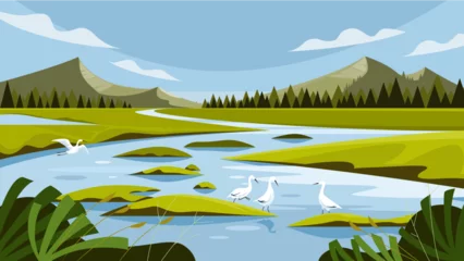 Poster Wetland, swamp, wildlife landscape, vector illustration © gibustudio