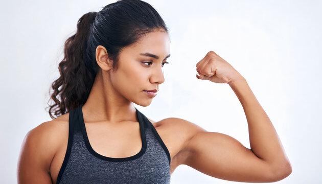 Latin American fitness girl showing the bicep in the gym, empowered woman concept, fitness, fullness, healthy life