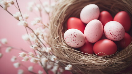 Naklejka na ściany i meble Pastel Red and White Freckled Easter Eggs in Bird's Nest on Blurred Pastel Pink Background with Cotton Branches. Top View Easter Composition with Copy Space. Happy Easter Concept for Design, Banner.
