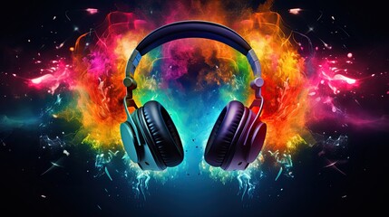 Headphone and vivid color powder on colorful background. Generative AI Pro Photo