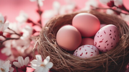 Naklejka na ściany i meble Pastel Red and Pink Easter Eggs in Bird's Nest with Selective Focus and Spring Blossom Flowers. Easter Composition with Blurred Copy Space in Monochrome Red Palette. Happy Easter Banner.