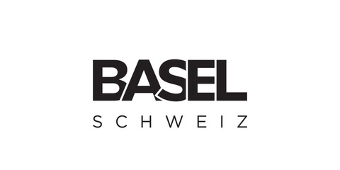 Basel in the Switzerland emblem. The design features a geometric style, vector illustration with bold typography in a modern font. The graphic slogan lettering.