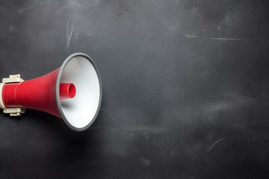 Top view of red and white bullhorn with lines on blackboard, for business announcements or communication. Generative AI