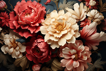 Beautiful fantasy vintage wallpaper botanical flower bunch,vintage motif for floral print digital background, AI generate