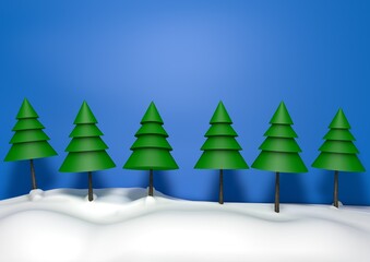 New Year illustration with six green fir trees standing on a blue background and white snow. 