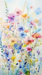 Bouquet of bright flowers in soft pastel colors, painted in watercolor. Petals in shades of pink, blue and yellow colors on a gentle background. Calmness and serenity. Cover. puzzles. Vertical banner