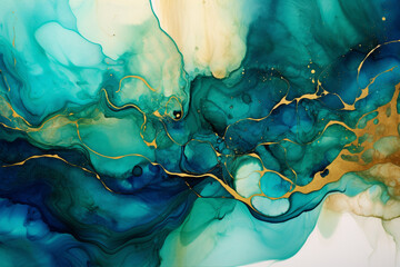 A vibrant alcohol ink painting with swirling hues of emerald greensapphire blueand hints of gold blending seamlessly on a canvas.