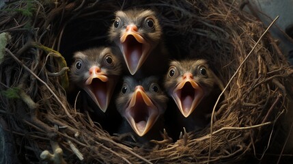 An aerial view of a nest, baby birds chirping with mouths wide open. - obrazy, fototapety, plakaty
