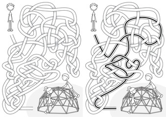 Playground maze for kids with a solution in black and white