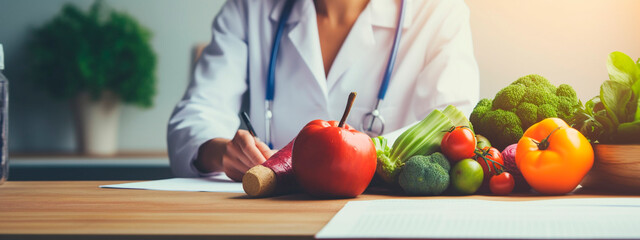 Woman doctor on the table with vegetables and fruits. Selective focus. - obrazy, fototapety, plakaty