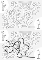 Boy painting maze for kids with a solution in black and white