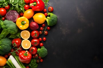 Healthy breakfast ingredients, food frame. Set of vegetables and fruits isolated on a black background. Healthy Food Background Healthy Vegetarian Food. copy space for text. 