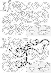 Playground maze for kids with a solution in black and white
