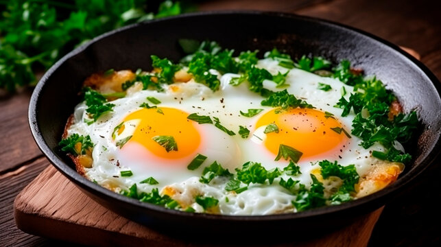 fried eggs with vegetables and herbs. Selective focus.