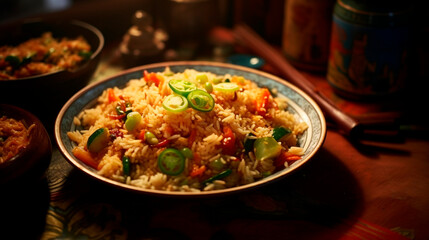 Chinese rice with vegetables. Selective focus. - obrazy, fototapety, plakaty