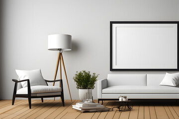 white wall frame, modern living room with sofa
