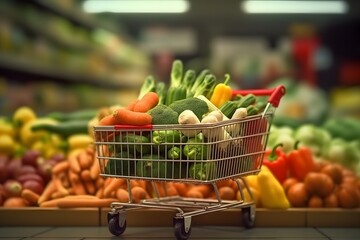 Shopping cart full of vegetables in the supermarket. Grocery shopping concept. 