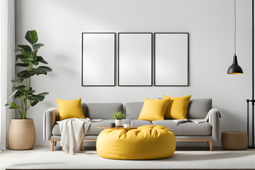 white wall frame, modern living room with sofa