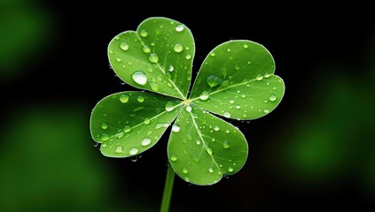 Dewdrops on a green clover against a dark background. The concept of celebrating St. Patrick's Day