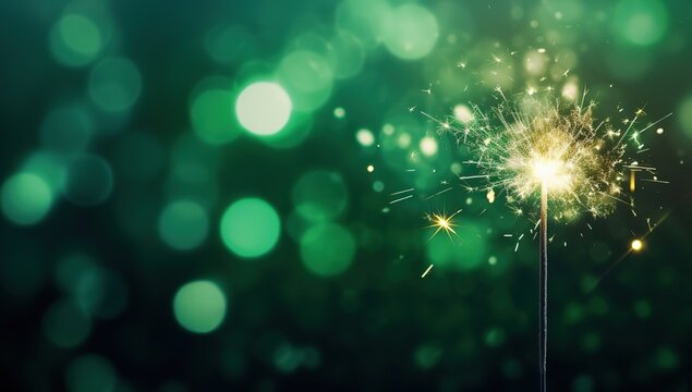 Green glares and sparkles from a sparkler on a dark background, creating a festive mood. The concept of celebrating St. Patrick's Day
