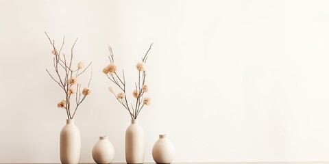 Contemporary neutral interior with beige ceramic vases and dry cotton branches near a white wall. Minimal Scandinavian design.