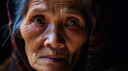 An elderly woman with eyes reflecting the wealth of experience