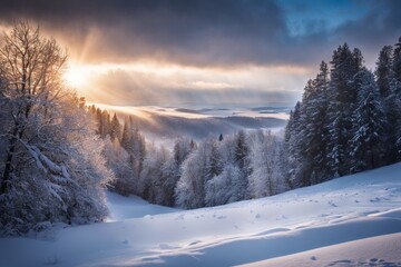 A winter wonderland emerges, adorned with pristine snow and silhouetted trees, serene and landscape