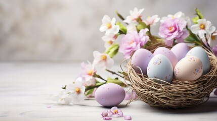 Obraz na płótnie Canvas Beautiful pastel color Easter eggs and flowers in a basket with copy space. Colorful spring theme background.