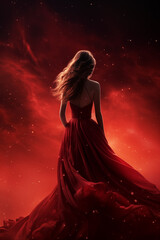 back view of a pretty young woman wearing a long flowing red dress - back view - full view - vibrant fantasy red sky - fantasy red dress - auburn hair blowing in the wind - red galaxy universe cloudy  - obrazy, fototapety, plakaty