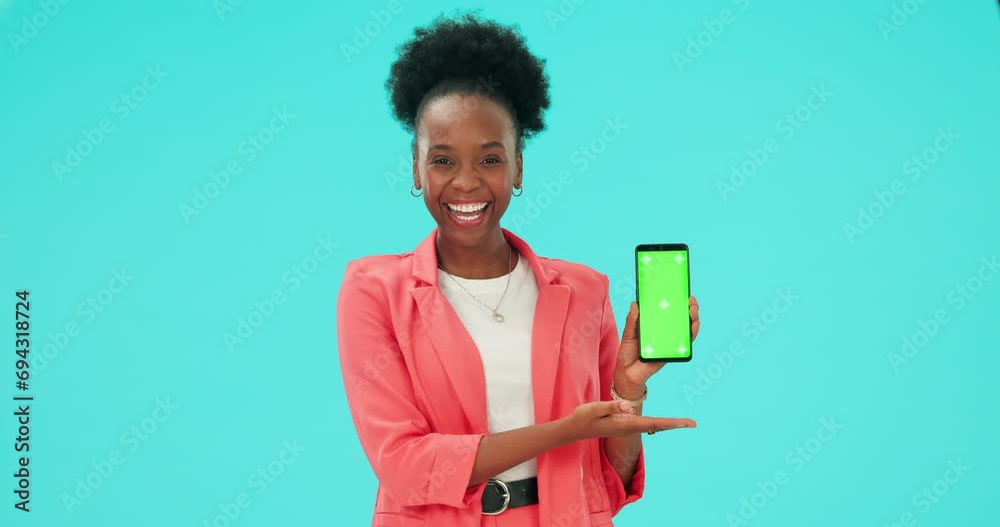 Poster Thumbs up, phone and black woman with green screen in studio isolated on a blue background. Mobile, mockup space or presentation for promotion, advertising or excited for tracking markers in portrait