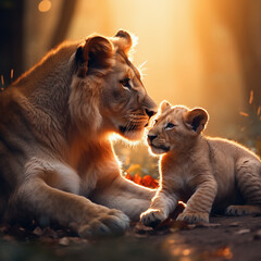 Löwe und sein Baby beim kuscheln