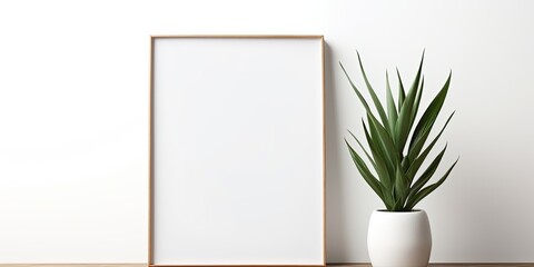 Minimalist interior with empty square frame mockup, plant in trendy vase on white wall background. Ideal for artwork, painting, photo, or poster display.