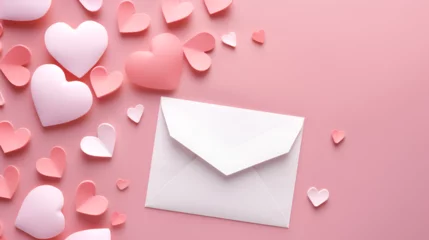 Poster love letter envelope with paper craft hearts - flat lay on pink valentines or anniversary background © l1gend
