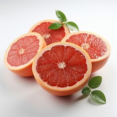 Pink grapefruit cut in half with a green leaf, Orange grapefruit on white
