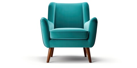 Art deco style armchair in turquoise velvet with wooden legs, isolated on white background, front view, grey shadow. Part of a furniture series.