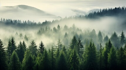 Lush pine forest immersed in early morning fog.