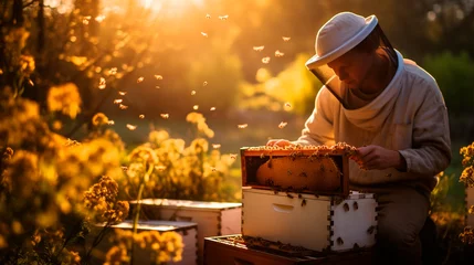 Fotobehang A beekeeper checks the hives at the apiary. Selective focus. © yanadjan