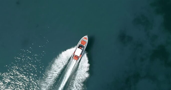 aerial view of motor yacht on the lake of iseo, italy