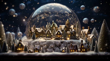 a magical ornate and intricate ancient snow globe village scene with asterism above the village like a trapped milky way