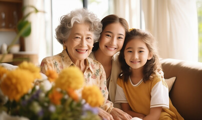 cheerful grandma, mom and grandkid hugging with love. asian family