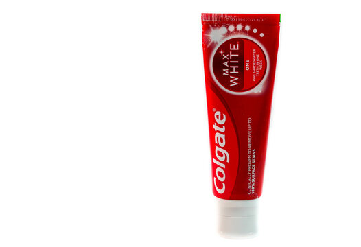 Miercurea Ciuc, Romania- 17 December 2023: Colgate max white toothpaste on white background.