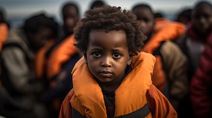 little african boy wearing an orange swimvest in a lifeboat - closeup portrait of a refugee - obrazy, fototapety, plakaty