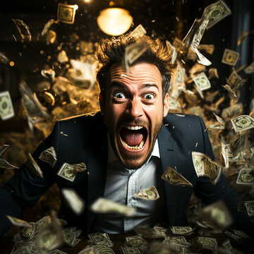 Photo attractive businessman stands under money fly rain isolated on black background