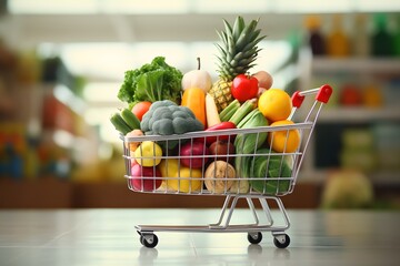 Supermarket shopping cart full of fresh vegetables. Metal Cart with wheels with groceries and shopping at the supermarket, shopping concept with empty or  copy space for text 