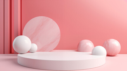 Fototapeta premium 3d stage white podium and white ball with red background, marble, luxury theme, 3d background, abstract background, 3d render, generate ai