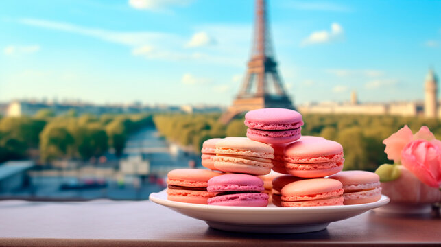 Macarons with the Eiffel Tower in the background. Selective focus.