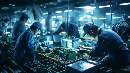 Fototapeta na wymiar Group of working Asian people in a electronics factory background.