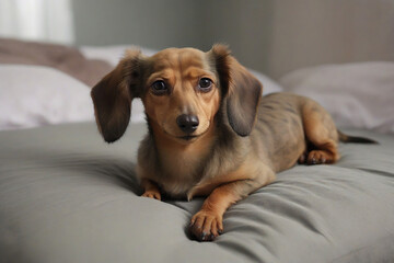 Dachshund puppy on a bed in the morning. Shallow depth of field