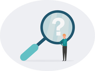 Searching for a solution or new concept for a business opportunity. A businessman uses a magnifying glass to search for a new business idea. Vector illustration. The guy stands in a thoughtful pose. 