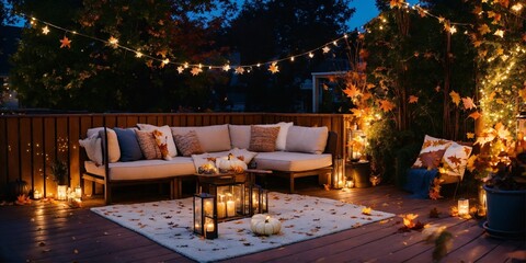 fall theme patio, big comfy couch, big fluffy rug, fall leaves, wood deck, night moon, candles,  outdoor sky moon, fall trees, falling leaves, fall colorful pillows, treehouse balcony